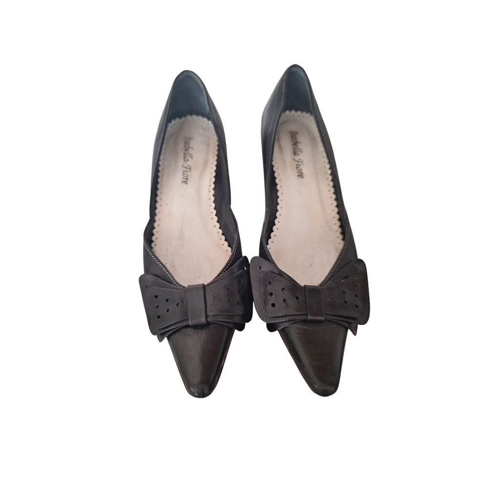 Isabella Fiore Black Leather Pointed‎ Toe Kitten Heels Bow Detail Made Italy 6B